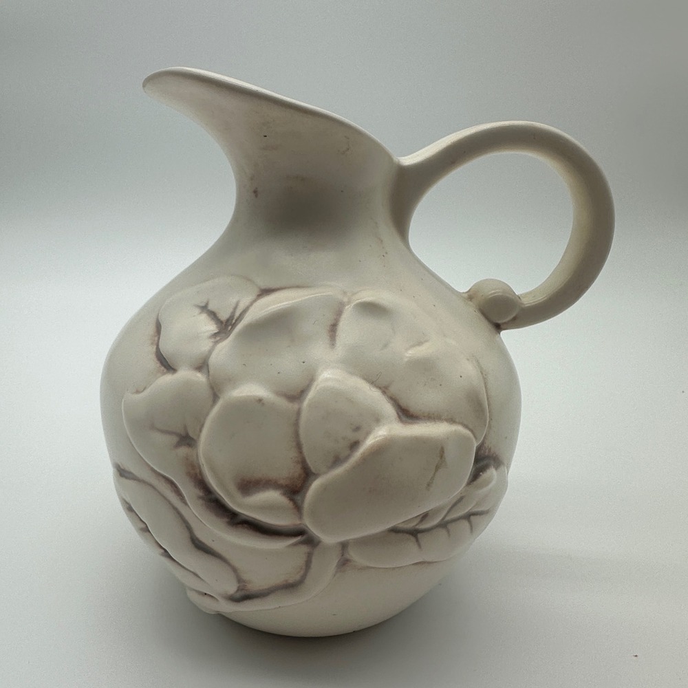 Vintage Red Wing Pottery Floral Pitcher 1098 Cream White Matte Glaze magnolia